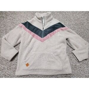 Simply Southern Chevron Sherpa Pullover Jacket Large Beige Pink Gray 1/2 Zip
